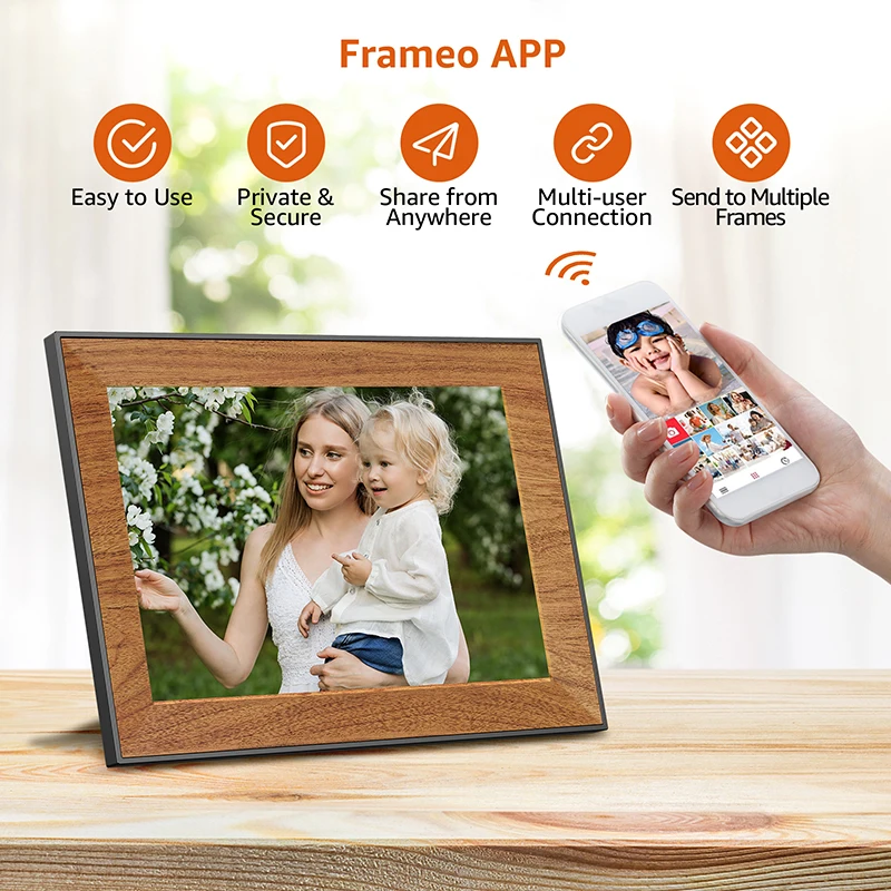 Frameo Smart Digital Photo Frame WiFi 10.1Inch Wooden Frame HD IPS Touch Screen Digital Picture Frame 32GB For Halloween Gift