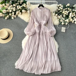 Elegant Long Puff Sleeve Vintage Stand Collar Chic Slim Pleated A-line Long Dresses French Evening High Street Autumn Clothing