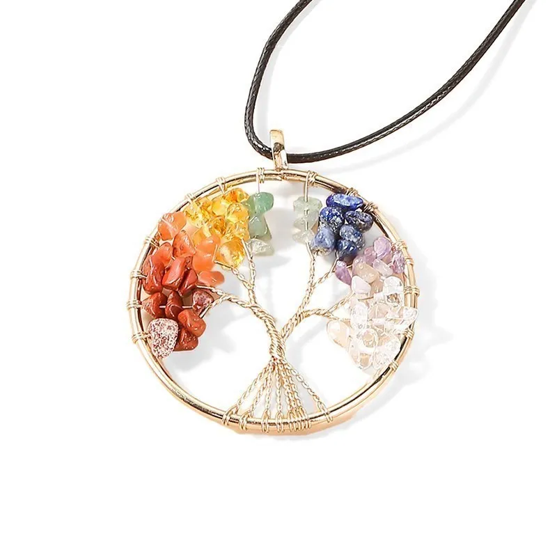 Change Better 7 Chakras Tree Of Life Pendant Necklace Gold Color Wisdom Natural Crystal Chip Beads Reiki Healing Jewelry Gift