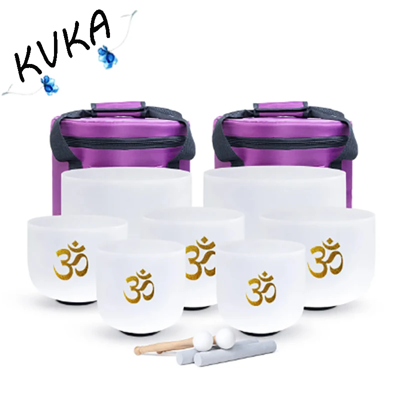 

KVKA OM 432Hz or 440Hz Chakra set of 7PCS Note CDEFGAB Natural Frosted Quartz Crystal Singing Bowl 7-12 INCH