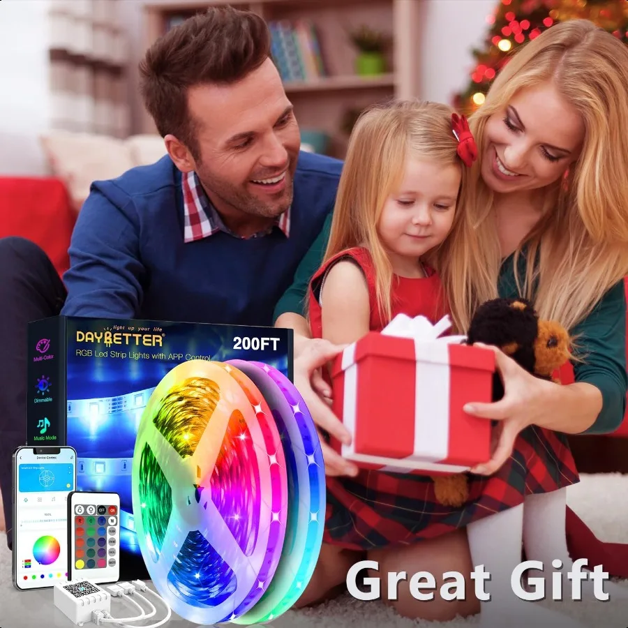 Luzes de tira led 200 pés 2 rolos de 100 pés ultra longas tiras de luz inteligentes com controle de voz por aplicativo remoto rgb sincronização de música cor chan