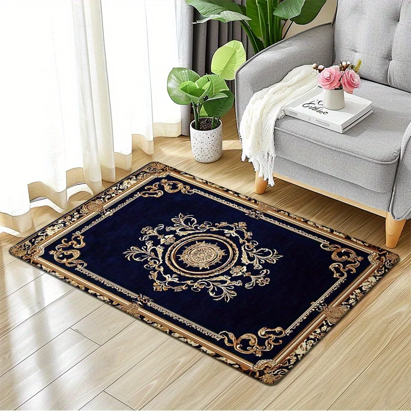 Flannel Thickness  Foot - 1pc Palace Golden Edge Blue Base Door Mat, Vintage Blue and Golden Floral Symmetrical Pattern