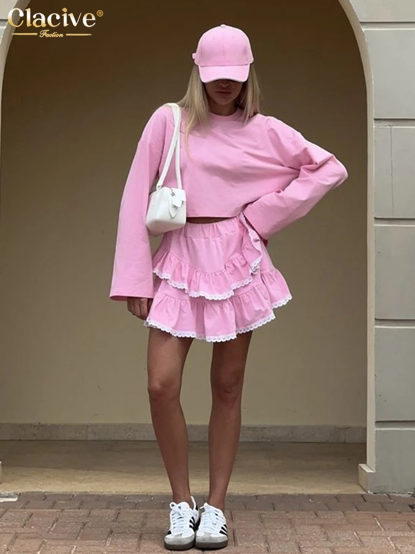 Clacive Fashion Loose Pink Cotton 2 Piece Set Women Outfit 2025 Elegant Long Sleeve Shirt With High Waist Pleated Mini Skirt Set