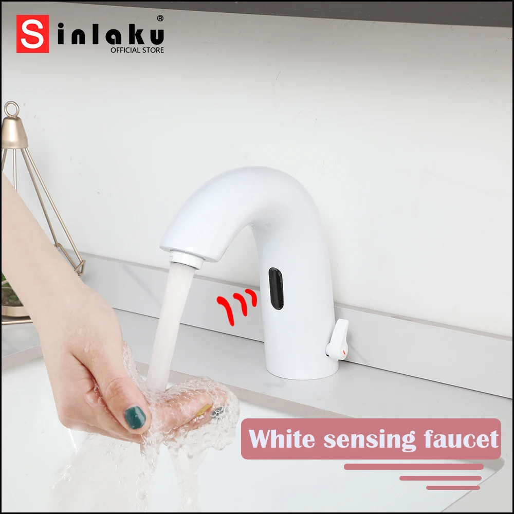 

SINLAKU Bathroom Basin White Faucet Automatic Sensor Deck Mounted Stream Outlet Touch Free With Hot And Cold Water Mixer Taps