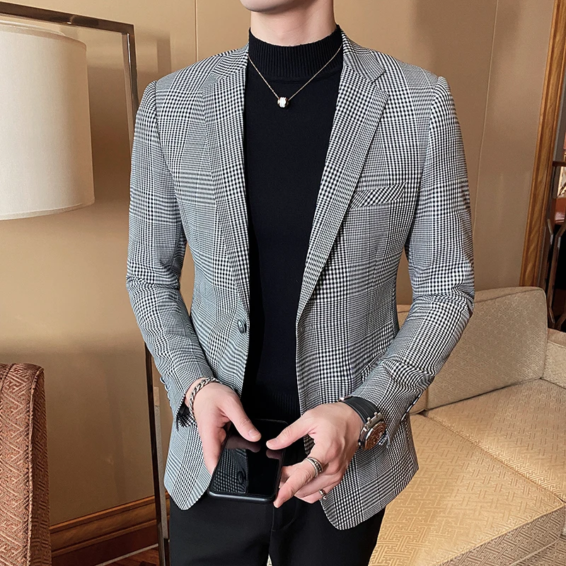 

Ele Plaid Suit Jaet Men's Slim Fit Casual Busin Single-Breasted Briti Preppy Trendy Long Sve Spring Faion