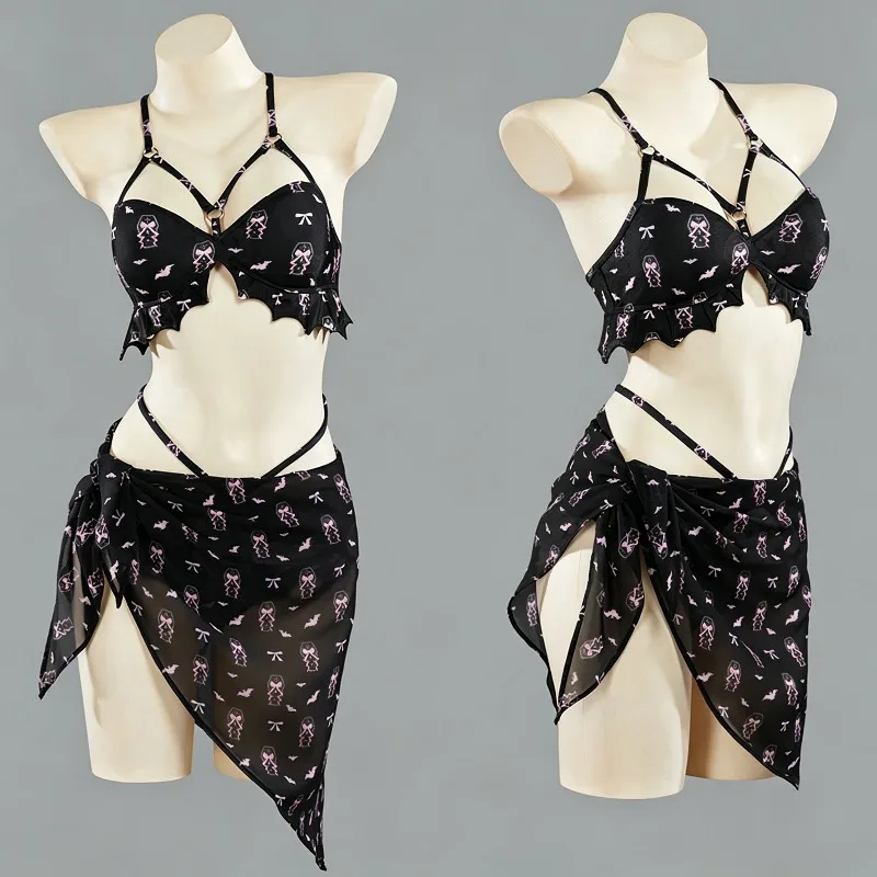 Dark Gothic Halter Neck Bikini Swimsuit, Alternative Subculture Sweet Cool Unique Indie Design Cosplay Outfit For Beach Party view 4