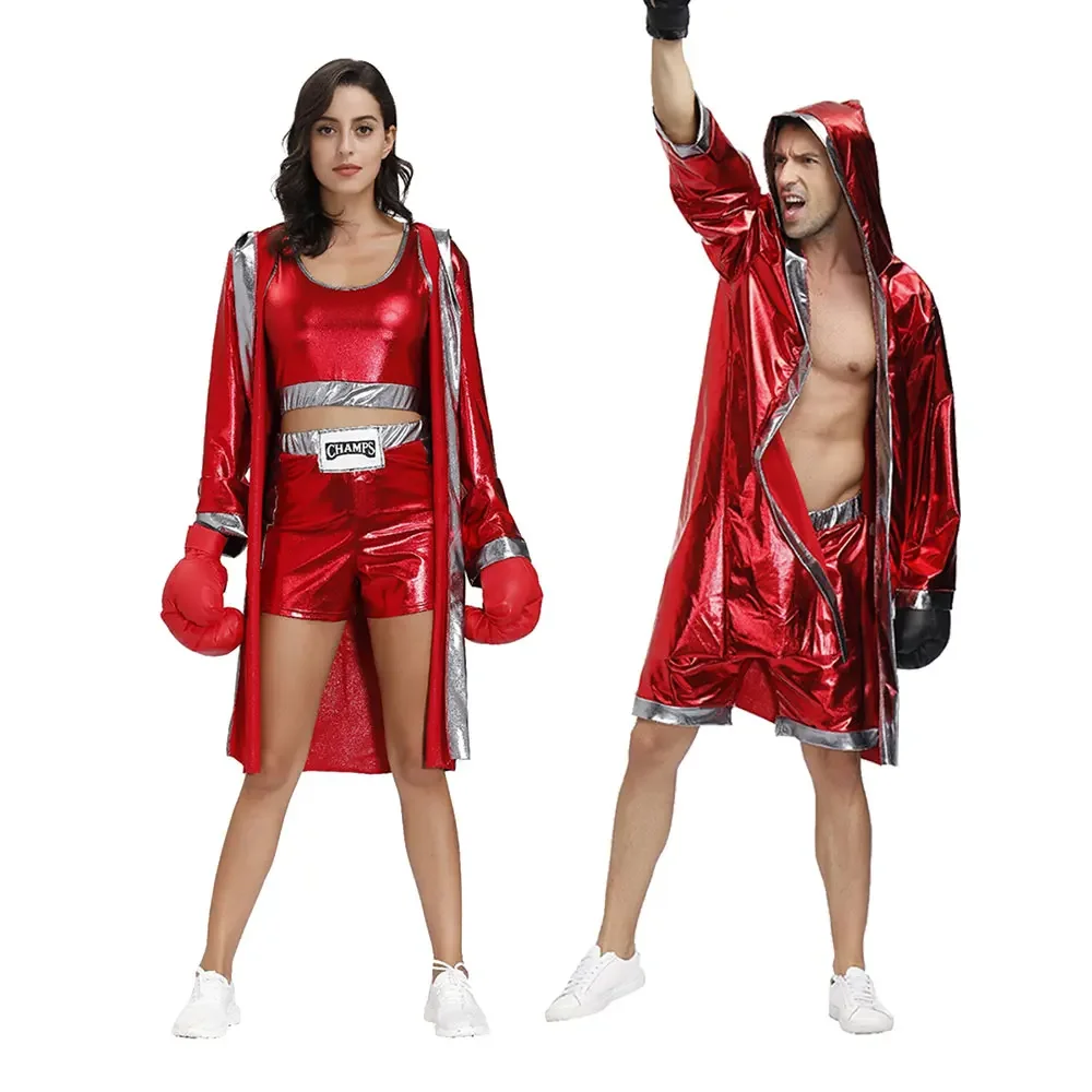 

Halloween Party Boxer Sports Uniform Red Boxing Champion Cosplay Costume for Couple Adult Sexy Hooded Cloak Robe Shorts Outfit