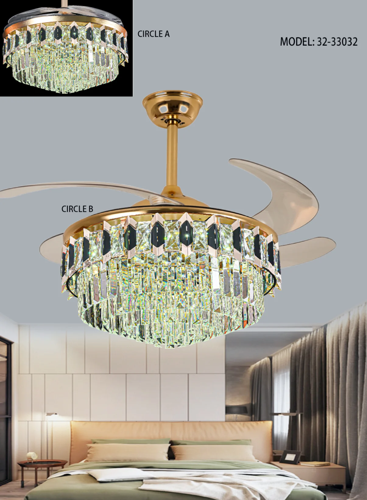 Decorative Retractable Bedroom Living Room Price Knob Switch Crystal Chandelier LED Ceiling Fan