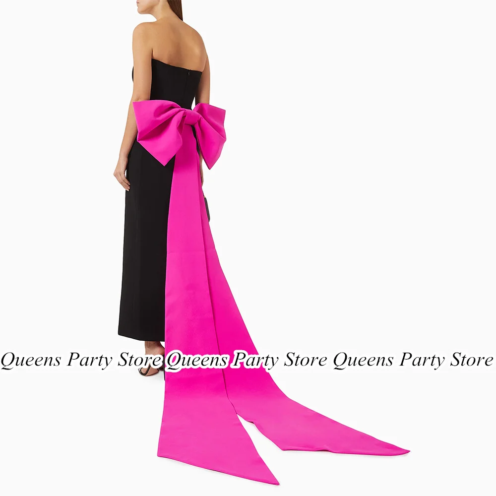 Black Evening Dress with Fuchsia Bow Train Strapless Sleeveless Ankle Length  Saudi Arab Prom Gown Party Dresses for Weddings