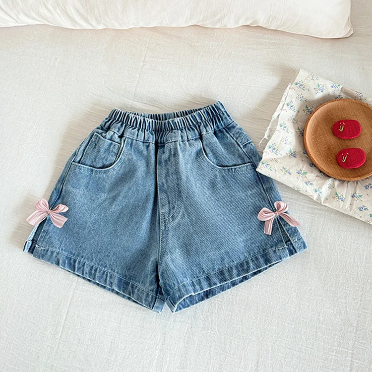 New Summer Children Girls Korean Cute Countryside Denim Bow Shorts Fashion Shorts for Summer Wear 2025 New