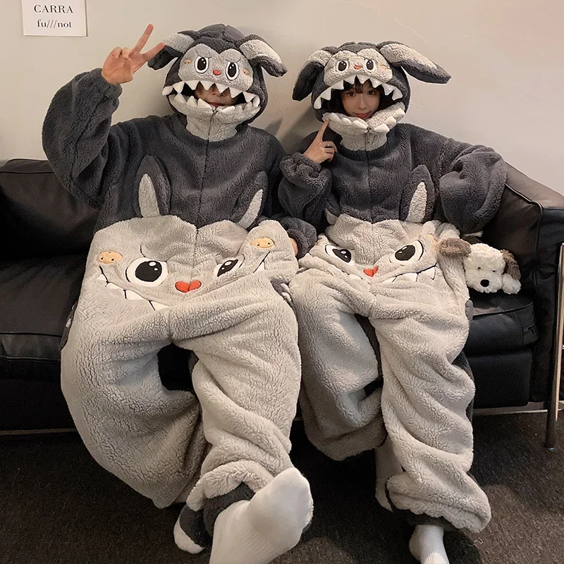 Winter Women Pajamas Jumpsuits Men Coral Fleece Sleepwear Couples Onesie Kigurumis Bunny Korean Thicken Pyjamas Zipper Pijamas