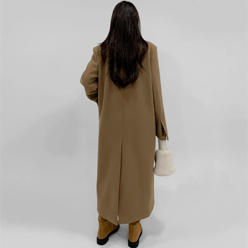Langer Wollmantel für Damen, gerade Schulter, Kamel-Zweireiher-Tweed-Mantel