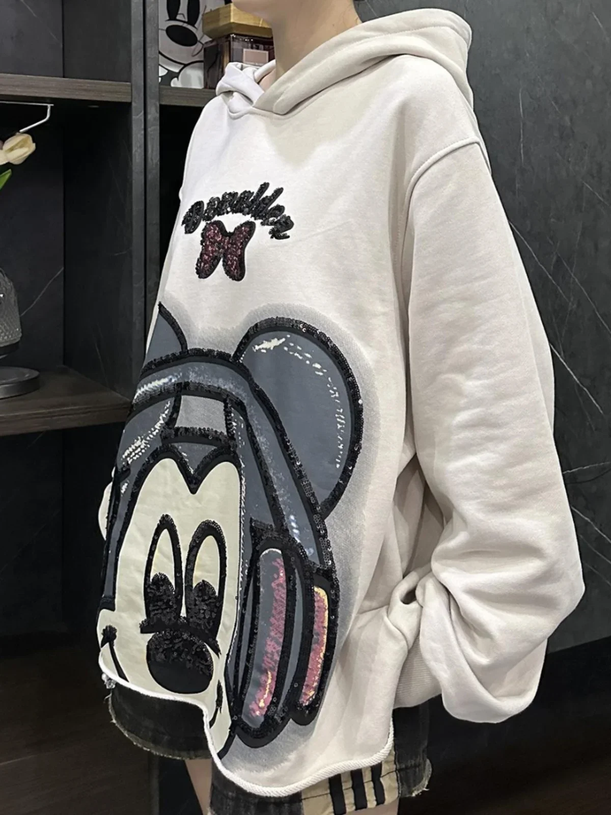 Autumn New Heavy Industry Sequin Printing Cartoon Bow Hooded Sweatshirts Women Loose Long Sleeve Pullover Top Kawaii Clothes