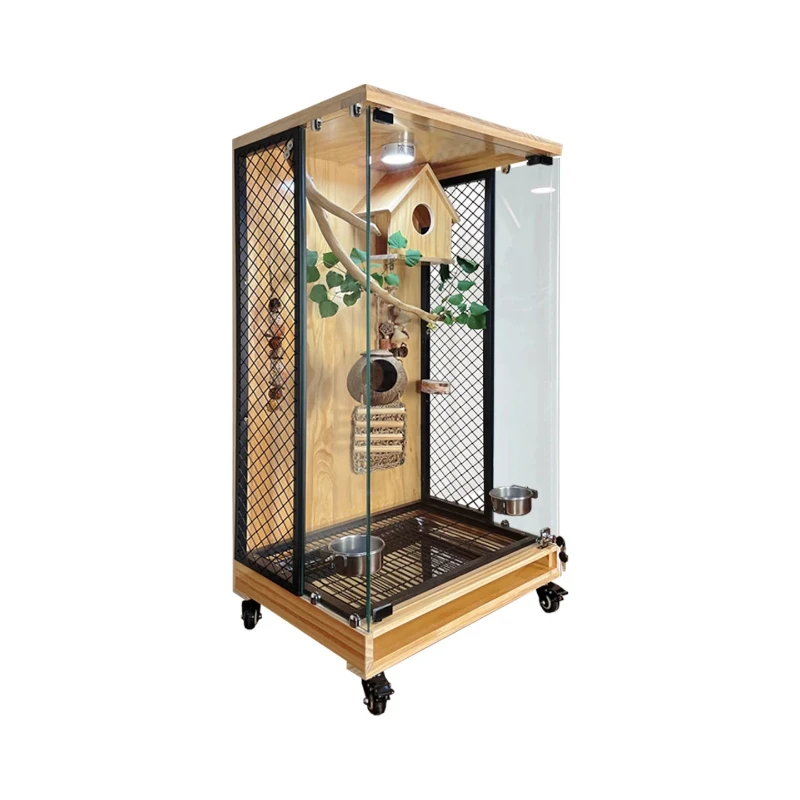

Panoramic view of a luxurious solid wood villa-style birdcage for parrots, suitable for cockatiels and grey parrots