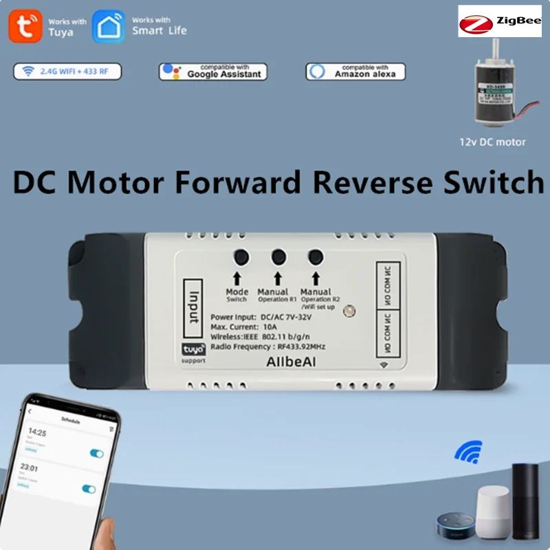 Tuya Smart 2CH Wifi Zigbee DC Motor Forward Reverse Switch,12V 24V 32V,2 Channel Module Relay,Alexa Google RF 433 Remote Control