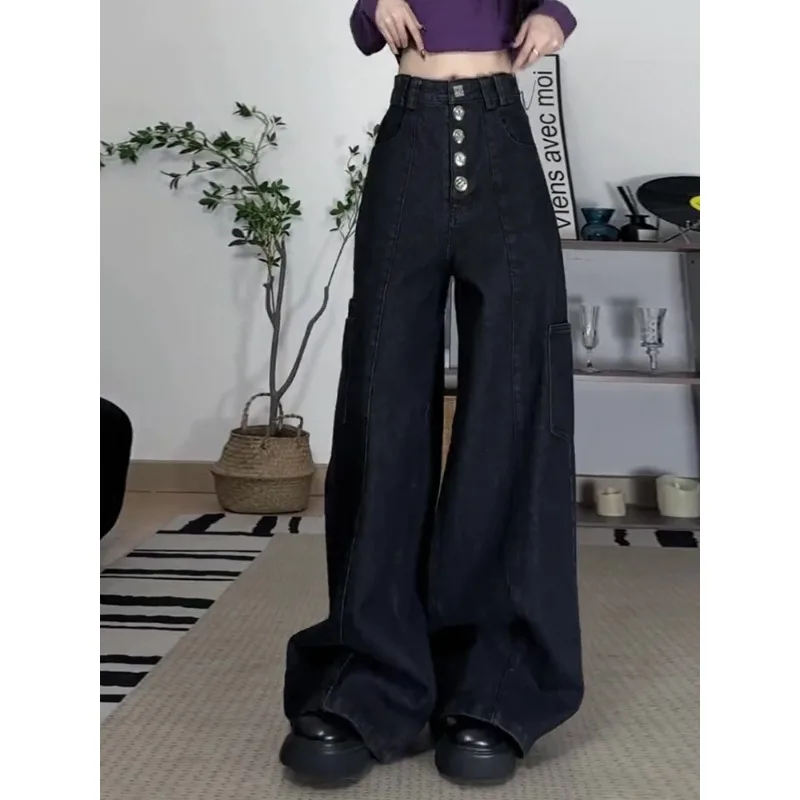

Y2K High Waist Button Wide Leg Denim Pants Women 2025 Autumn Loose Straight Dragging Millennium Style Hip Hop Streetwear Jeans
