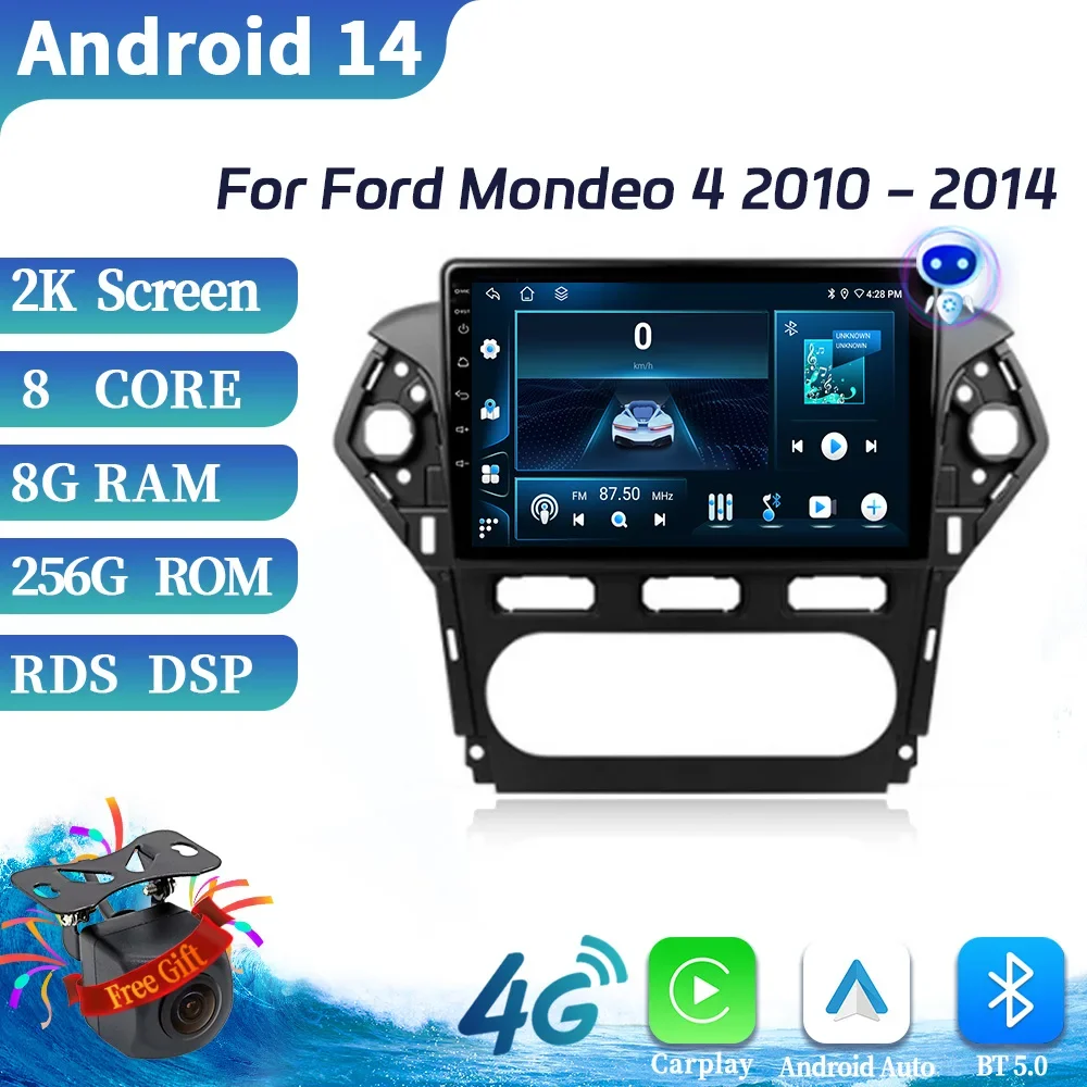 Android 14 Per Ford Mondeo 4 2010-2014 Auto Senza Fili Carplay Radio Multimediale 4G WIFI GPS BT di Navigazione 2 Din Schermo Stereo