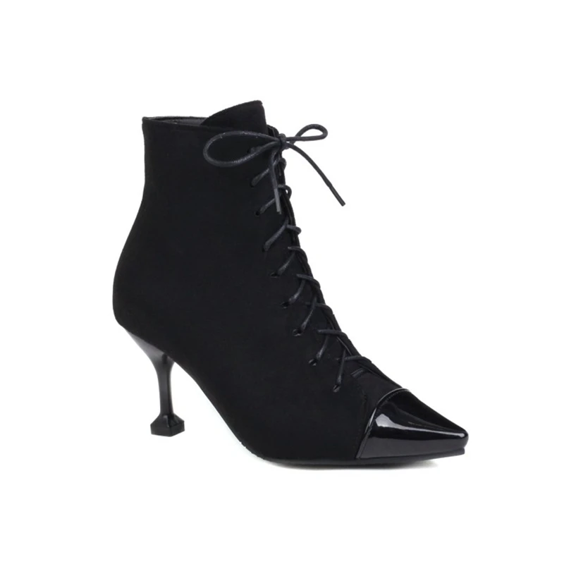 

Ботильоны женские пикантные модные с острым носком спереди на шнуровке на тонком высоком каблуке осень-зима короткие ботинки большой размер 45 46 47 48 55-1