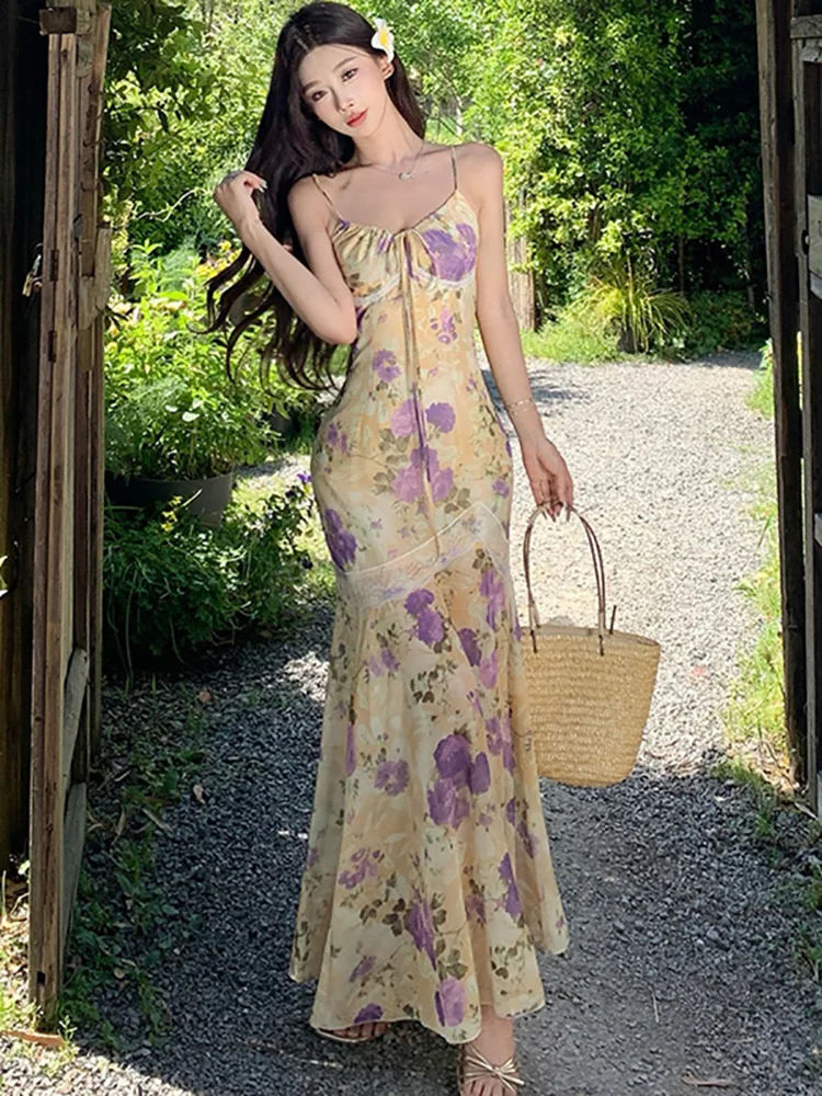 

2025 New Floral Chic Lace Elegant Luxury Ruffled Long Dress Summer Beach Style Sling Sexy Dress Women Korean Bodycon Party Dress