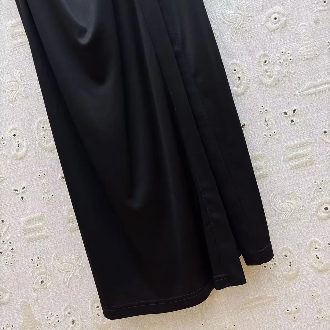 Robe longue en Satin et acétate pour femmes, élégante, couleur unie, revers, boutons dorés, décoration pliable, nouveauté, robes Vintage