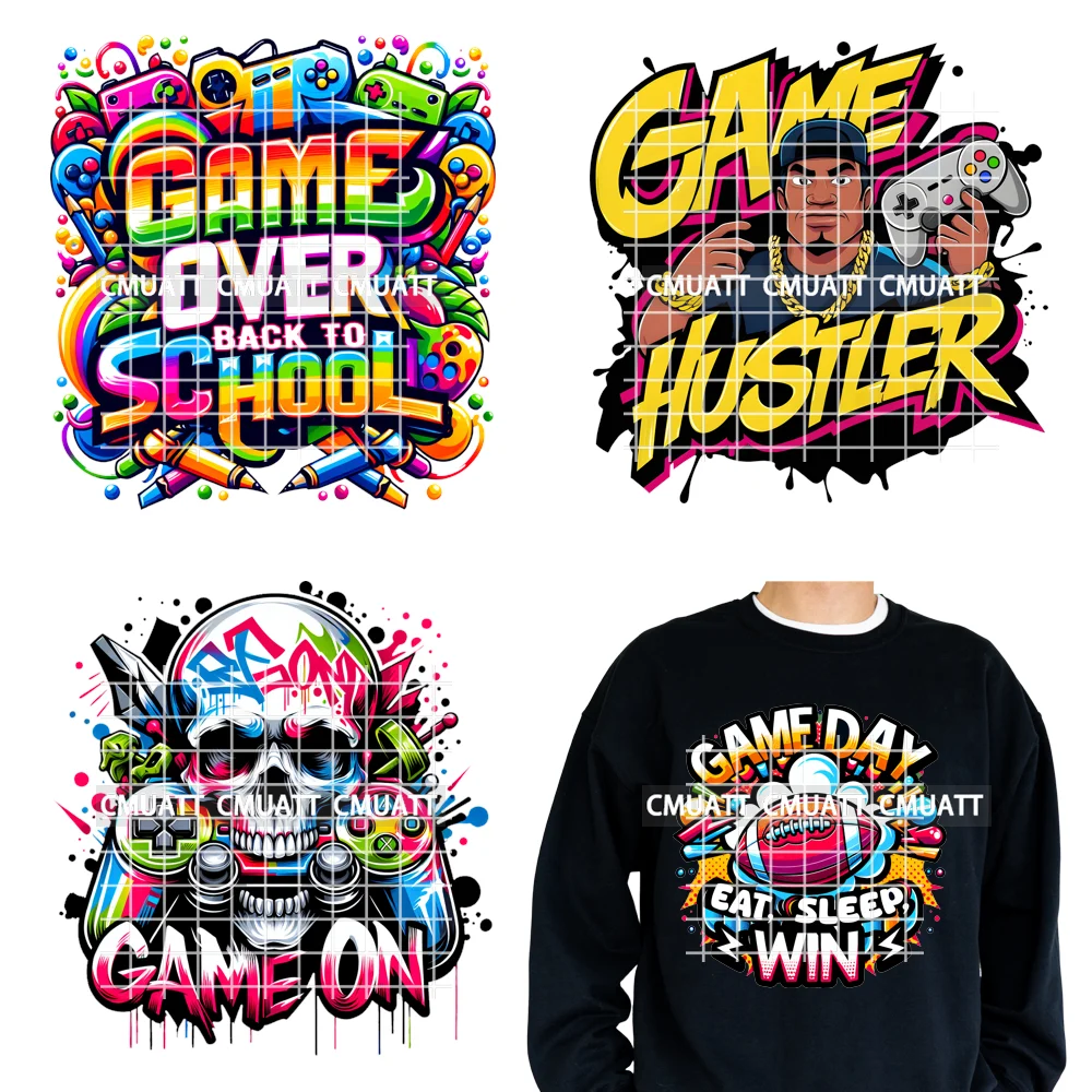 

12in Cool Game Over Day Hustler Full Time Pro Gamers Never Sleep Iron on DTF Transfers Stickers Ready to Press for Clothing Bags
