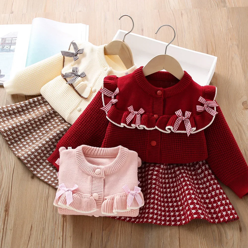 

Girls Knitted Clothes Sets Spring Autumn Children Woolen Jersey Sweaters Tops Skirts 2pcs Princess Dress Suit For Kids Outfits 6