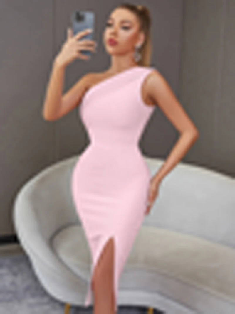 Wholesale Women\'s Stretch Knit Pink Elastic Tight Mid-Length Sexy One Shoulder Evening Celebrity Cocktail Party Bandag Dress