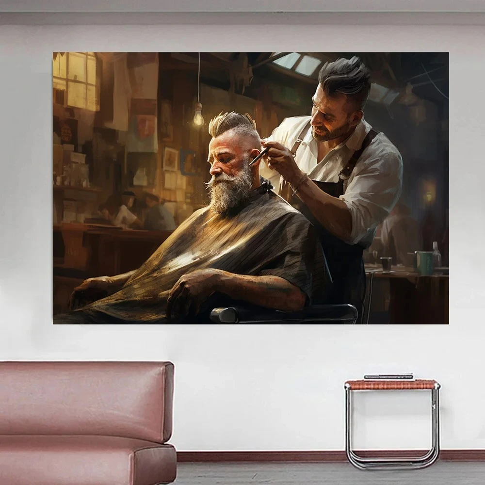 Vintage Barber Accessories Painting Barber Shop Sign Print Scissor Comb Poster Canvas Painting Hairdressers Shop Wall Decor