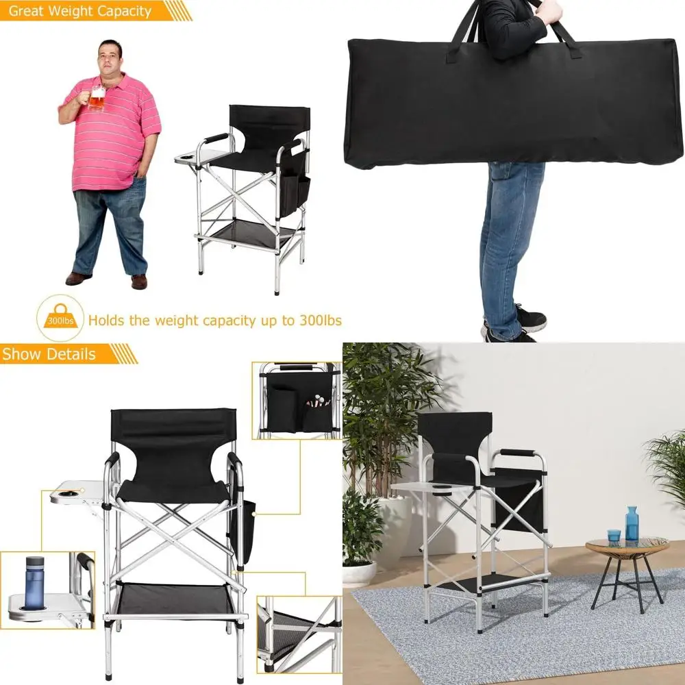 

Bar Height Folding Director's Chair with Side Table and Storage Bag, Aluminum Frame, 300 lbs Capacity, Makeup Artist Portable Ch