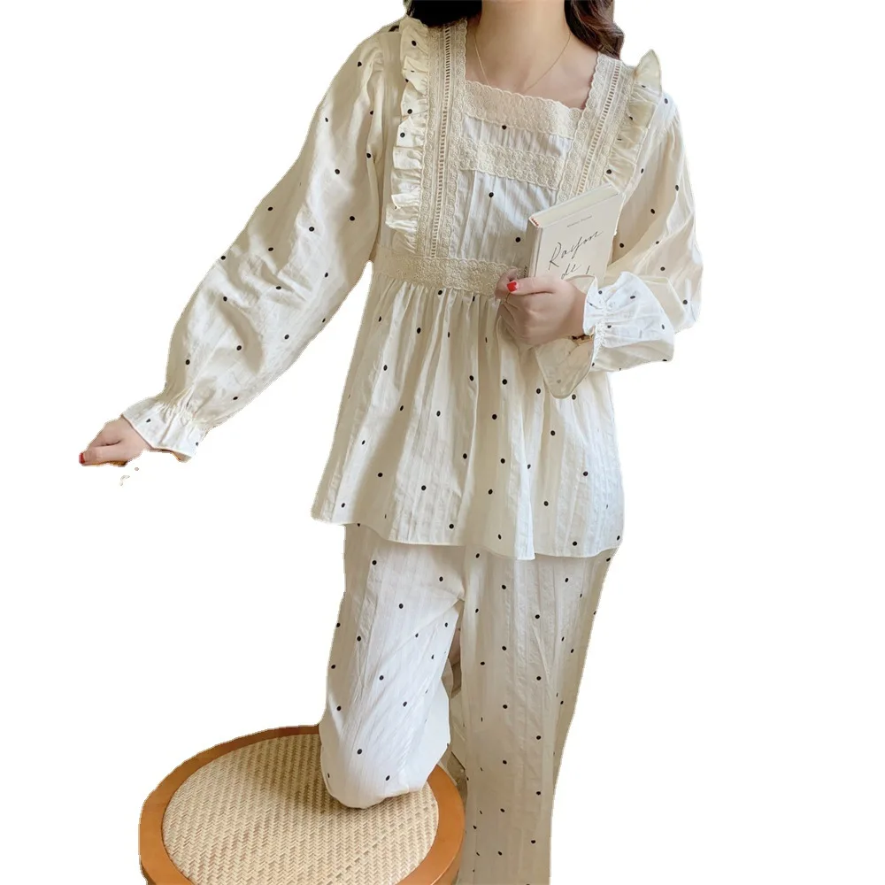 2 PCs/Set Spring Autumn Pure Cotton Postpartum Breastfeeding Lace Print Maternity Nursing Clothing Pregnant Women Pajamas Suit view 6