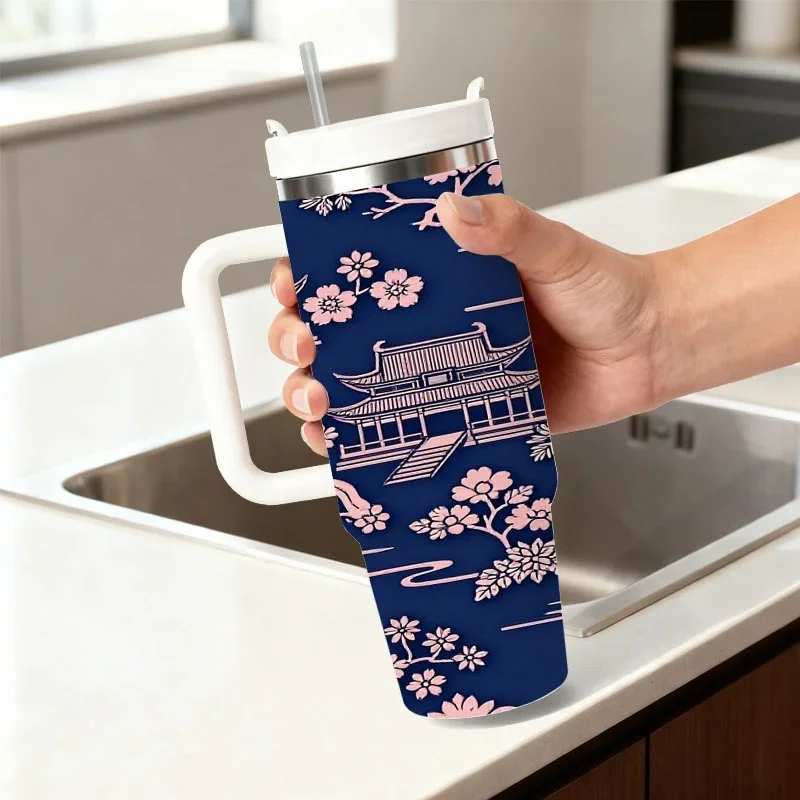 Stainless Steel 40Oz Insulated Tumbler, East Asian Pagoda And Cherry Blossom Digital Print Pattern on Dark Blue Base, Reusable Thermal Water Cup for Cold And Hot Drinks, Ideal for Daily Commute And Outdoor Use
