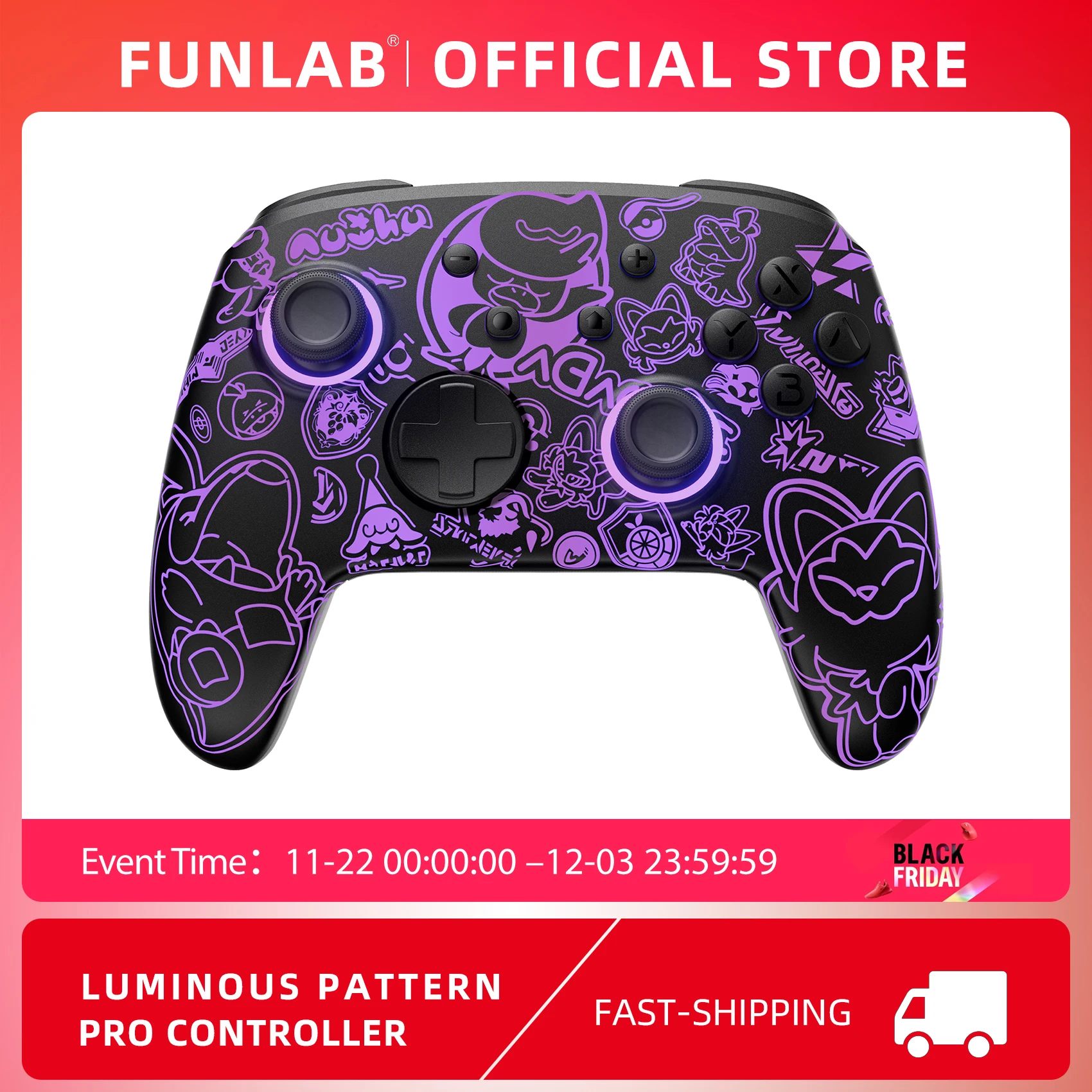 FUNLAB Firefly Luminous Pattern Wireless Switch Pro Controller For Nintendo Switch with 7 LED Colors/Paddle/Turbo/Motion Control