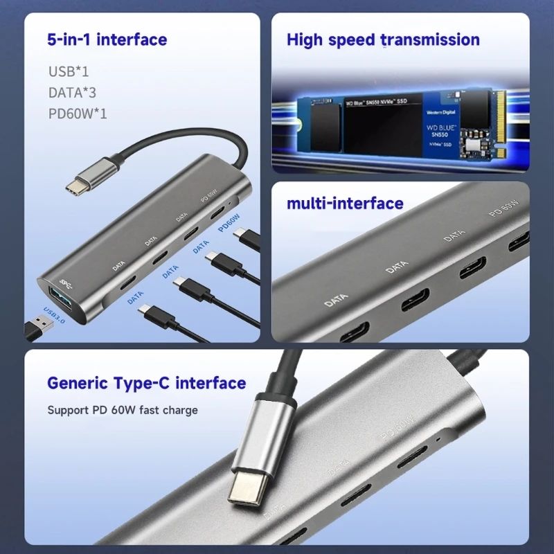 Divisor USB C de alta velocidad, concentrador USB C de 5 Gbps con 3 puertos USB C/USB 3,0/USB C PD60W, triangulación de envíos