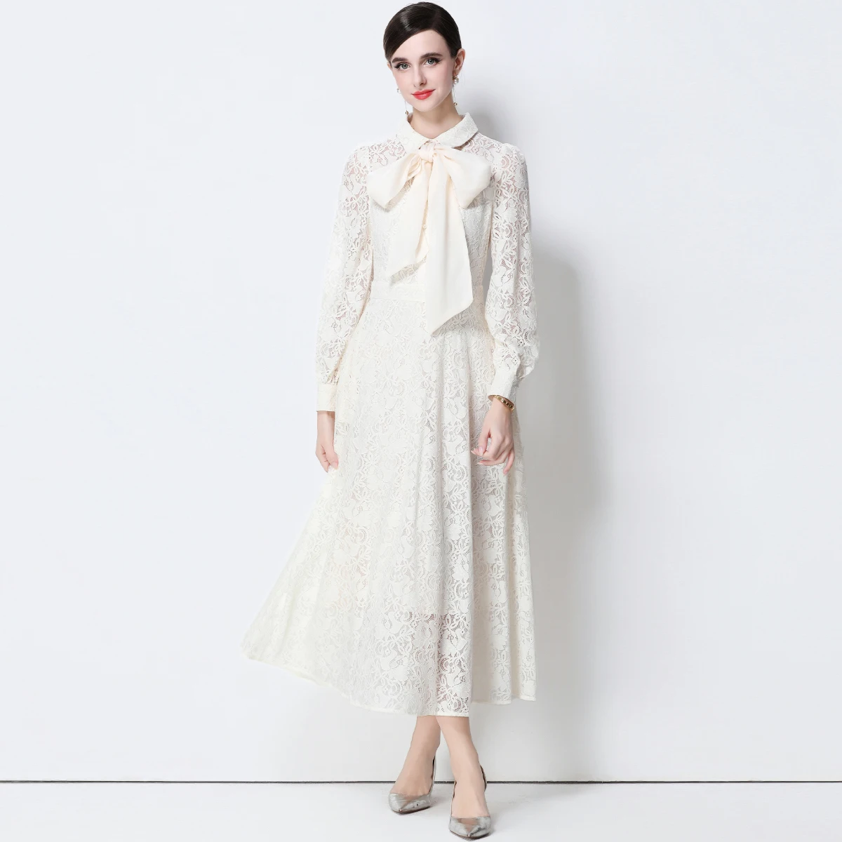 Vestido de fiesta bordado de encaje Vintage para mujer, vestido largo ajustado elegante de manga larga con cuello de lazo, ropa femenina de otoño