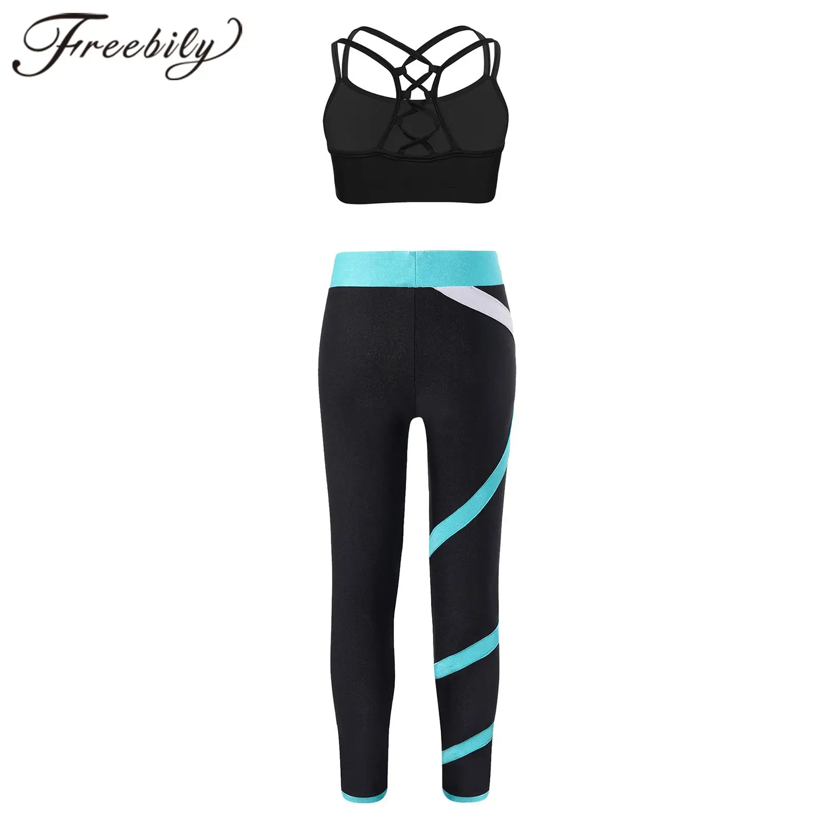 

Kids Girls Sports Suits Yoga Sets Straps Criss Cross Crop Top with Leggings for Workout Sportswear Children Gymnastics Outfit