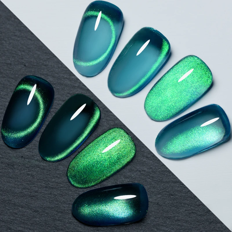PUENTE 7.5ML Sparkling Green Glitter Cat Eye Gel Nail Polish Green Crystal Cat Magnetic Nail Gel Soak Off Semi-Permanent Varnish