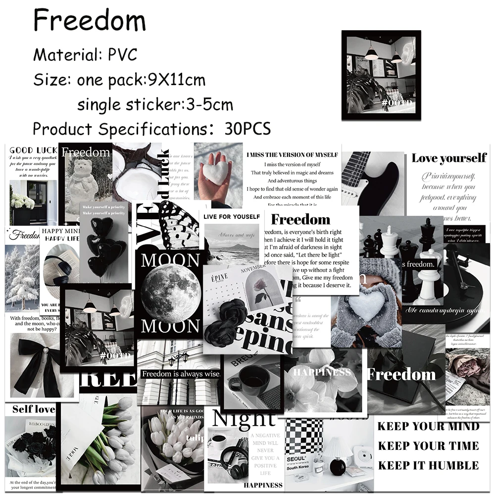 30pcs Black & White Freedom Sticker Pack Decals For Phone Scrapbook Suitcase Skateboard Guitar DIY Retro Aesthetic Stickers