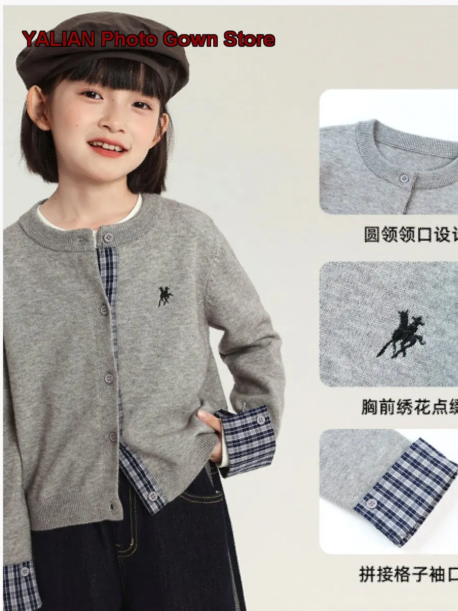 Pudding Haru Girls Knit Cardigan Jacket 2026 Spring Autumn Stylish Patchwork Coat