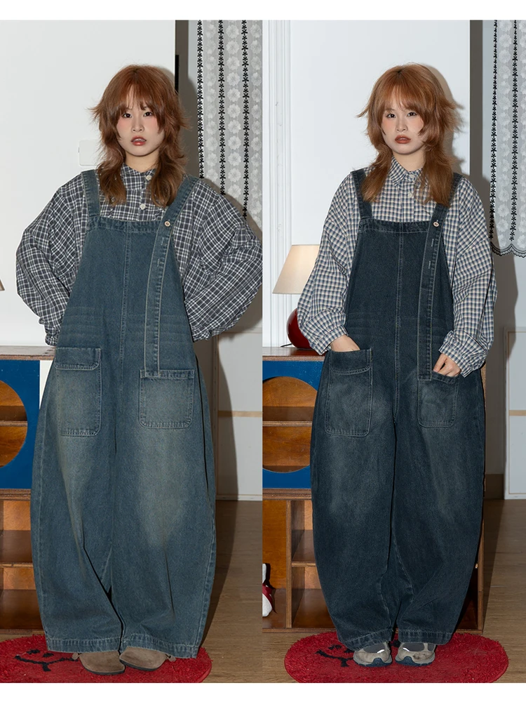 

Versatile Vintage Waed Denim Overalls Casual Loose Fit High Waist Long Pants Commute Sle Straight Leg Cotton Blend