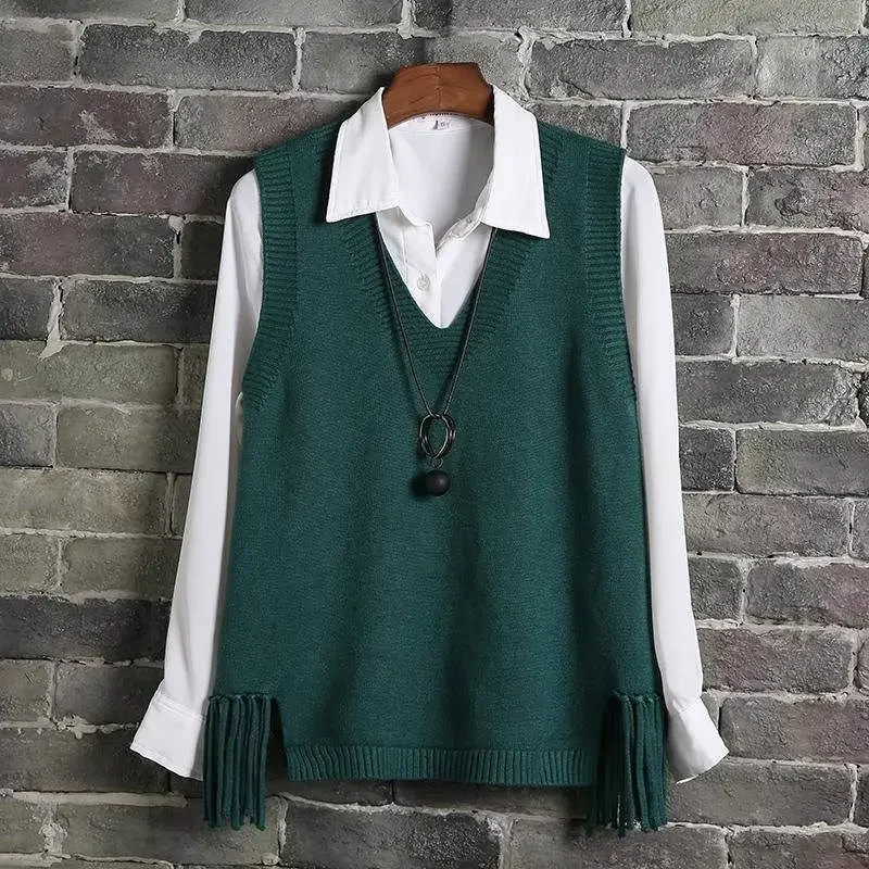 Woman Jacket Vest Spring V-neck Women\'s Short Knitted Tassel Vest Chaleco Mujer