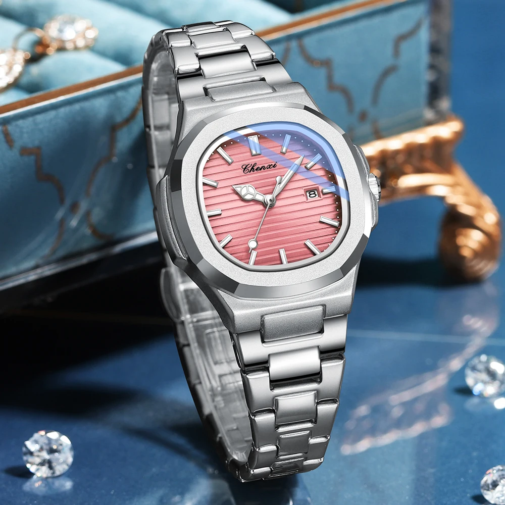 CHENXI Octagonal Alloy Case Watch for Women's Striped Dial with Calendar Luminous Fashion Dress Girl Waterproof Wristwatch Gift