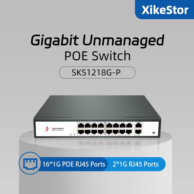 XikeStor 18 Ports 1G POE Unmanaged Ethernet Switch 16*1G POE 2*1G RJ45 AI Intelligent  Detection Plug and Play