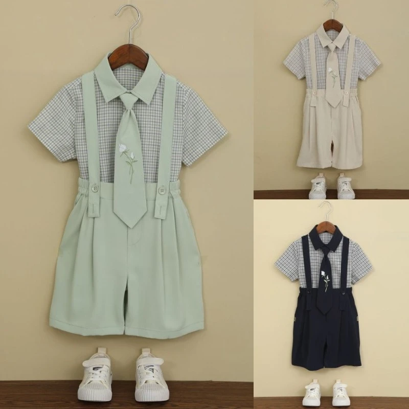 Boys Mint Green Waistcoat Set Plaid Shirt and Back Strap Shorts with Flower Tie Kids Preppy Style Stage Show Birthday Party Wear