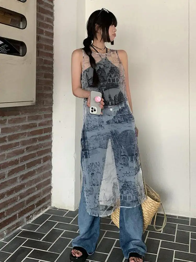 Tonngirls Korean Style Vintage Dress Women Sleeveless Y2k Rero Print Dresses Streetwear Mesh See Through Die Try Dress Female