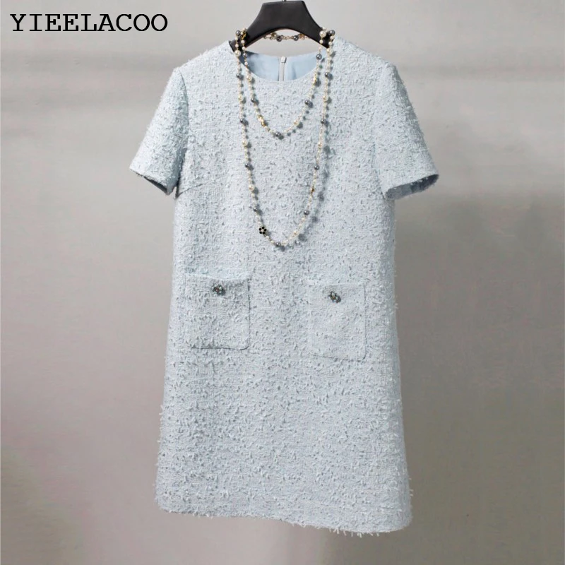 

Light Blue tweed dress Short sleeve spring / autumn women's dress ladies slim bottoming dress one-piece