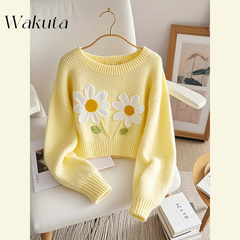 WAKUTA Autunno Elegante versione coreana del maglione lavorato a maglia che riduce l'età alla moda con dopamina Pullover con stampa gialla Maglioni Y2k Commer 