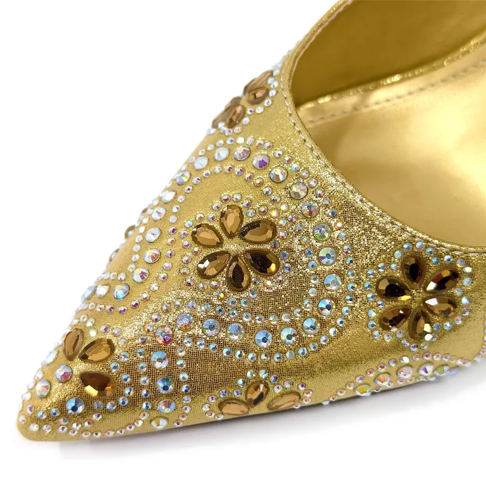 Nigerian Heel Party for Women Shoes and Bag Set Golden Colour Rhinestone Handbag Italian Design Wedding INS Sandals