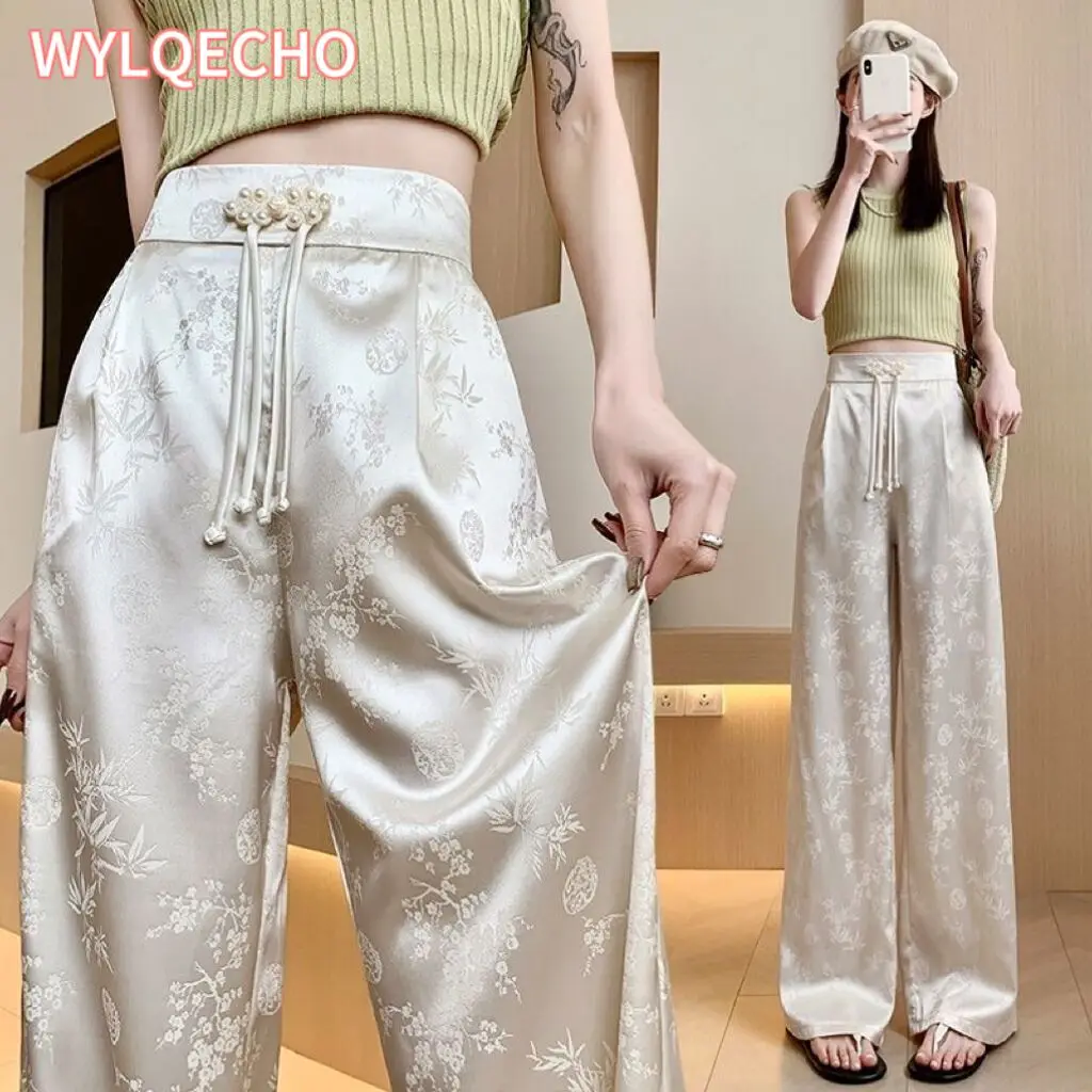 Flower Pants Lace Up Cool Pants Korean Style Y2k Pants New Satin Straight Pants Women Summer Thin Ice Silk