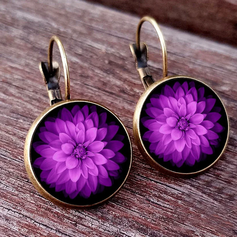 Purple and Blue Flower Women\'s Earrings Colorful French Glass Cabochon Earhooks Fashionable Girl Earrings New Year Gift for Girl