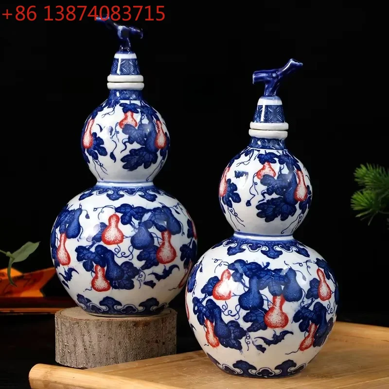 Chinese Jingdezhen Sealed Wine Bottle, Blue and White Porcelain Gourd Wine Set, Empty Wine Room, Home Decoration